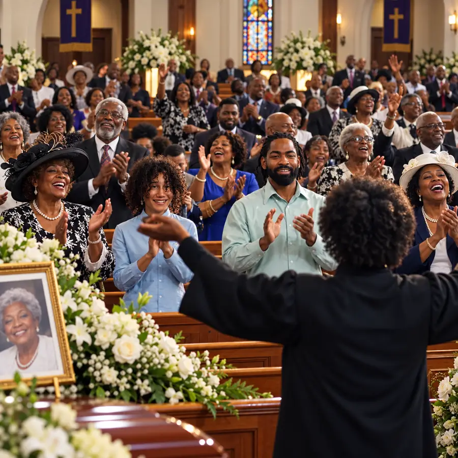 A congregation on its feet, hands raised, as the pastor turns to face them